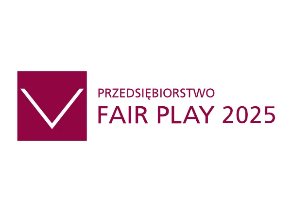 Logo Przedsiębiorstwo Fair Play 2025 — bordowy kwadrat z białym znakiem V obok napisu